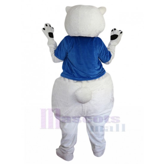 Amical Ours polaire blanc costume de mascotte en tee-shirt bleu Animal