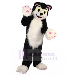 Likable Black And White Cat Mascot Costume with Long Fur Animal