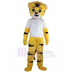 Sympathique Tigre jaune costume de mascotte avec chemise blanche Animal