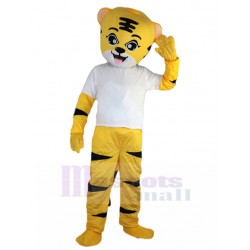 Sympathique Tigre jaune costume de mascotte avec chemise blanche Animal