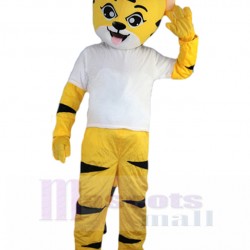 Likable Yellow Tiger Mascot Costume with White Shirt Animal