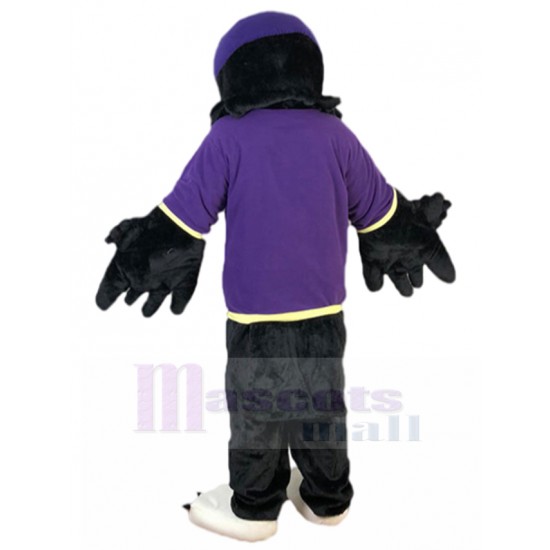 Black Eagle Mascot Costume in Purple Shirt Animal