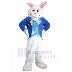 Conejito de pascua blanco Disfraz de mascota en traje formal azul Animal