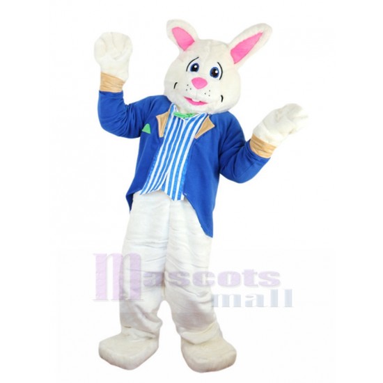 White Easter Bunny Mascot Costume in Blue Formal Suit Animal