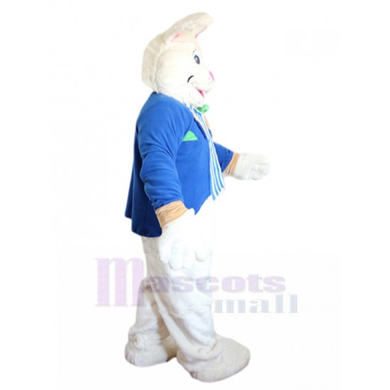Conejito de pascua blanco Disfraz de mascota en traje formal azul Animal