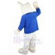 White Easter Bunny Mascot Costume in Blue Formal Suit Animal