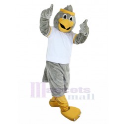Energetic Grey Bird Mascot Costume with Yellow Headband Animal