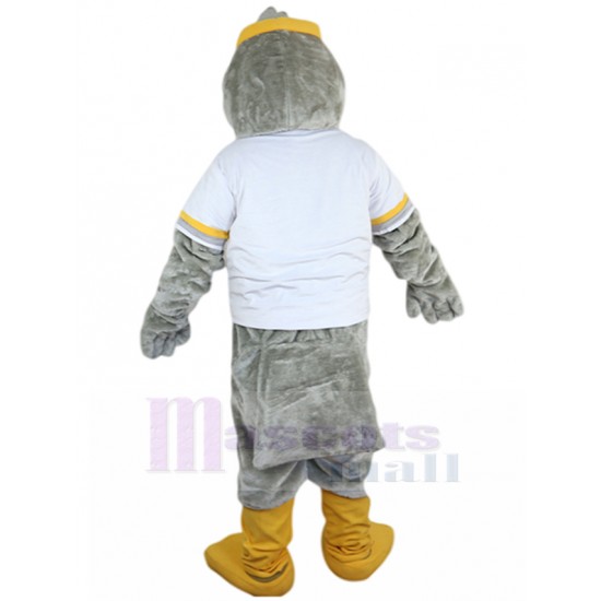 Énergique Oiseau gris Costume de mascotte avec bandeau jaune Animal