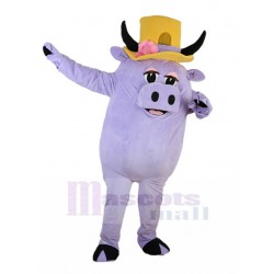 Purple Pig Mascot Costume with Yellow Horn Hat Cartoon