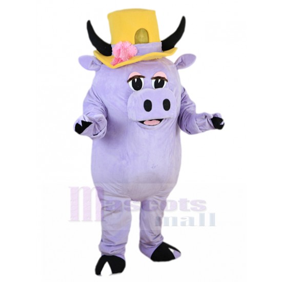 Cerdo Morado Disfraz de mascota con sombrero de asta amarilla Dibujos animados