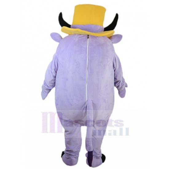Cerdo Morado Disfraz de mascota con sombrero de asta amarilla Dibujos animados