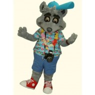 Gray Photographer Dog Mascot Costume with Blue Aloha Shirt Animal
