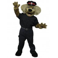 Disfraz de mascota de perro oficial de policía marrón sonriente en animal uniforme negro