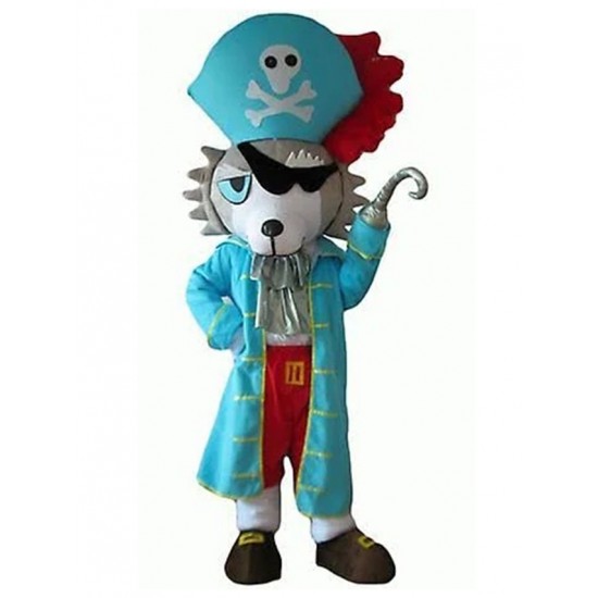 Costume de mascotte de chien loup gris et blanc avec un animal de vêtements de pirate bleu