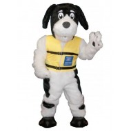 Déguisement mascotte chien poilu noir et blanc avec animal gilet jaune