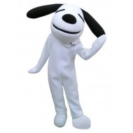 Smiling White Dog Mascot Costume with Dropping Black Ears Animal