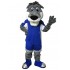 Disfraz de mascota de perro gris en traje de deporte azul Animal