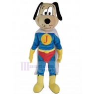 Disfraz de mascota de perro musculoso marrón claro en traje de Superman Animal