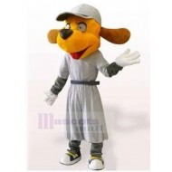 Glücklicher orangefarbener Hund Maskottchen Kostüm im grauen Kleid Tier