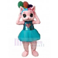 Pink Cat Mascot Costume Animal in Blue Dress
