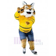 Powerful Sport Wildcat Mascot Costume Animal with Yellow Jersey