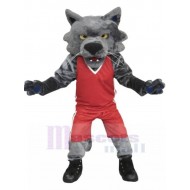 Deporte Lobo gris Animal de traje de mascota en ropa de baloncesto rojo