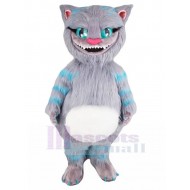 Smiling Grey and Blue Cheshire Cat Mascot Costume Cartoon