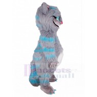 Smiling Grey and Blue Cheshire Cat Mascot Costume Cartoon