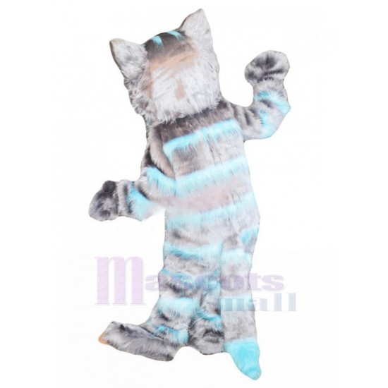 Sonriente Gris y azul Disfraz de mascota del gato de Cheshire Dibujos animados