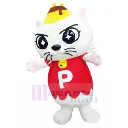 White Pudding Cat Mascot Costume with Red Shirt Animal