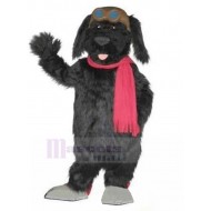 Furry Black Pilot Dog Mascot Costume with Red Scarf Animal