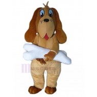 Disfraz de mascota de perro sabueso marrón de orejas largas con animal de hueso grande