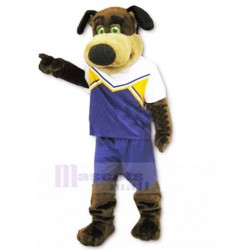 Braunes Foxhound-Hundemaskottchen-Kostüm mit dunkelblauem und weißem Jersey-Tier