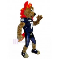 Costume de mascotte de chien d'athlète de cheveux rouges avec l'animal bleu foncé de maillot de football