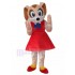 Costume de mascotte de chien rose mignon avec un animal de robe rouge