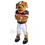 Fröhlicher brauner Hund Maskottchen Kostüm mit American Football Jersey Tier