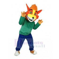 Grim Orange Fox Mascot Costume in Green Shirt Animal