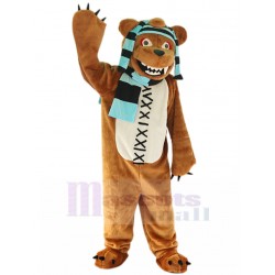 Brauner gewalttätiger Bär Maskottchen Kostüm mit blauem Schal Karikatur