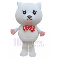 White Cat Mascot Costume with Red and White Bow Tie Animal