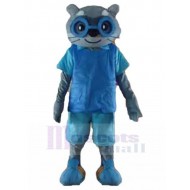 Studierte Graue Katze Maskottchen Kostüm in Blau Tier