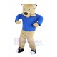 Affable Beige Wild Cat Mascot Costume in Blue Shirt Animal
