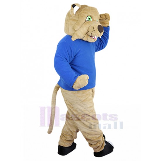 Affable Beige Wild Cat Mascot Costume in Blue Shirt Animal