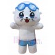 White Swimmer Cat Mascot Costume in Blue Swimsuit Animal