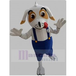 White Dog Mascot Costume with Blue Overalls Animal