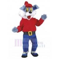 Schön Grauer Hund Maskottchen Kostüm in blauer Hose Tier