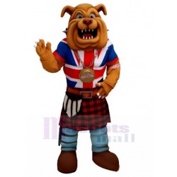 Braun Britische Bulldogge Maskottchen Kostüm mit rotem Tartan Kilt Tier