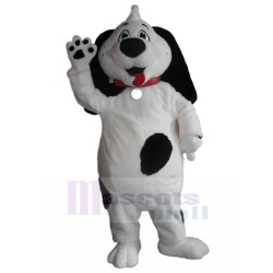 Hippie-Smiley Weißer und schwarzer Hund Maskottchen Kostüm mit rotem Kragen Tier