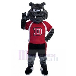 Energiegeladen Athlet Graue Bulldogge Maskottchen Kostüm im roten T-Shirt Tier
