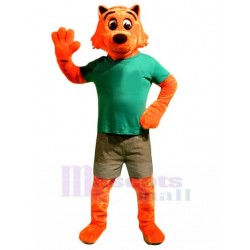 Superb Orange Cat Mascot Costume in Green Shirt Animal
