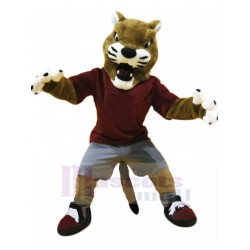 University Wild Cat Mascot Costume in Dark Red T-shirt Animal